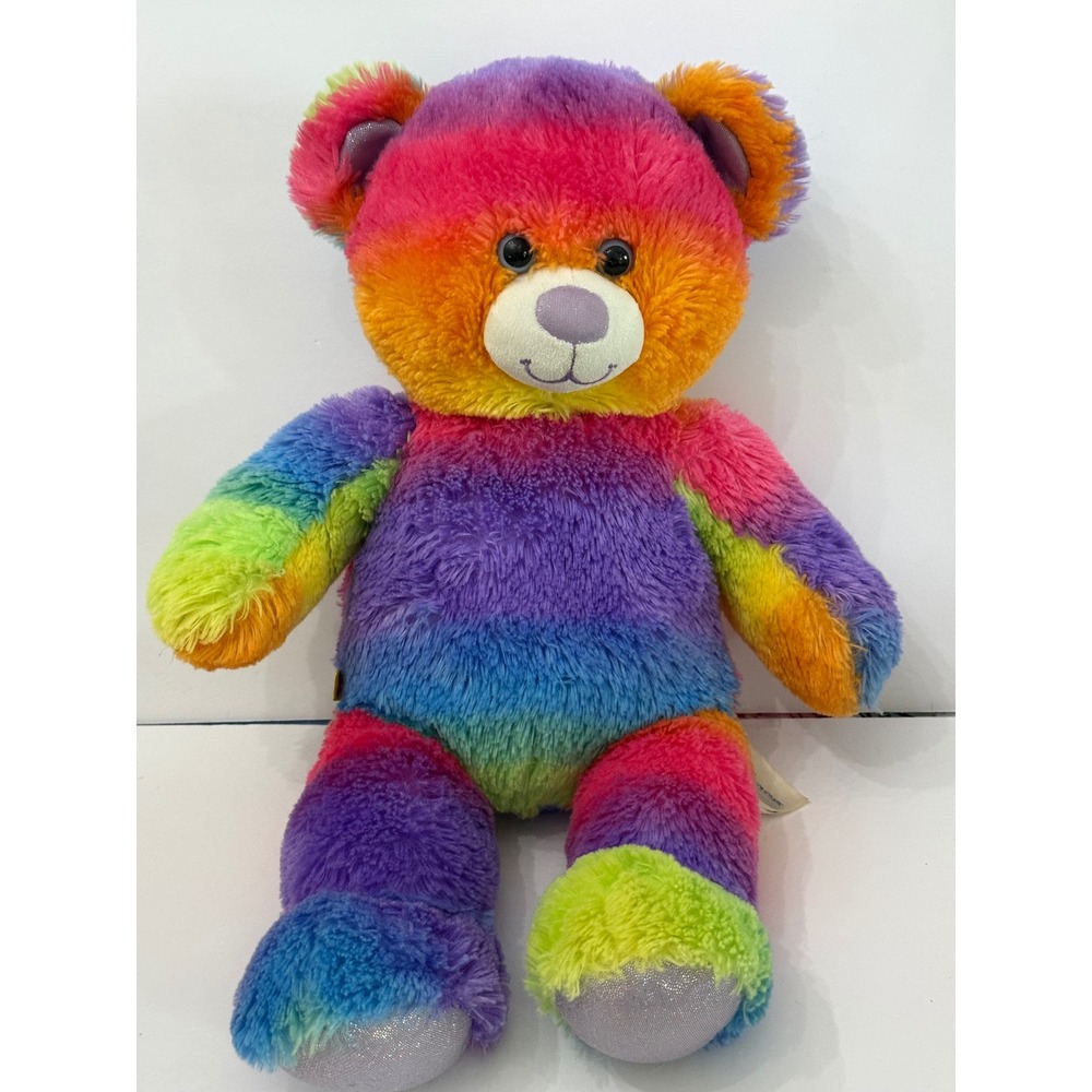 Build-A-Bear Workshop Rainbow Striped Teddy Bear Plush Silver Glitter Paws 16in